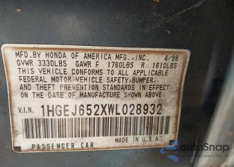 1998 Honda Civic Dx from USA, damaged, VIN 1HGEJ652XWL028932